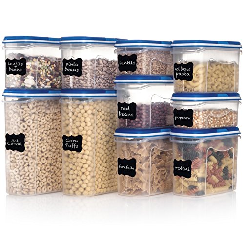 Shazo Food Storage Containers 20-Piece Set (10 Container Set) - Airtight Dry Food with Innovative Dual Utility Interchangeable Lid, FREE Labels & Marker, One Lid Fits All, Freezer Safe, Space Saver