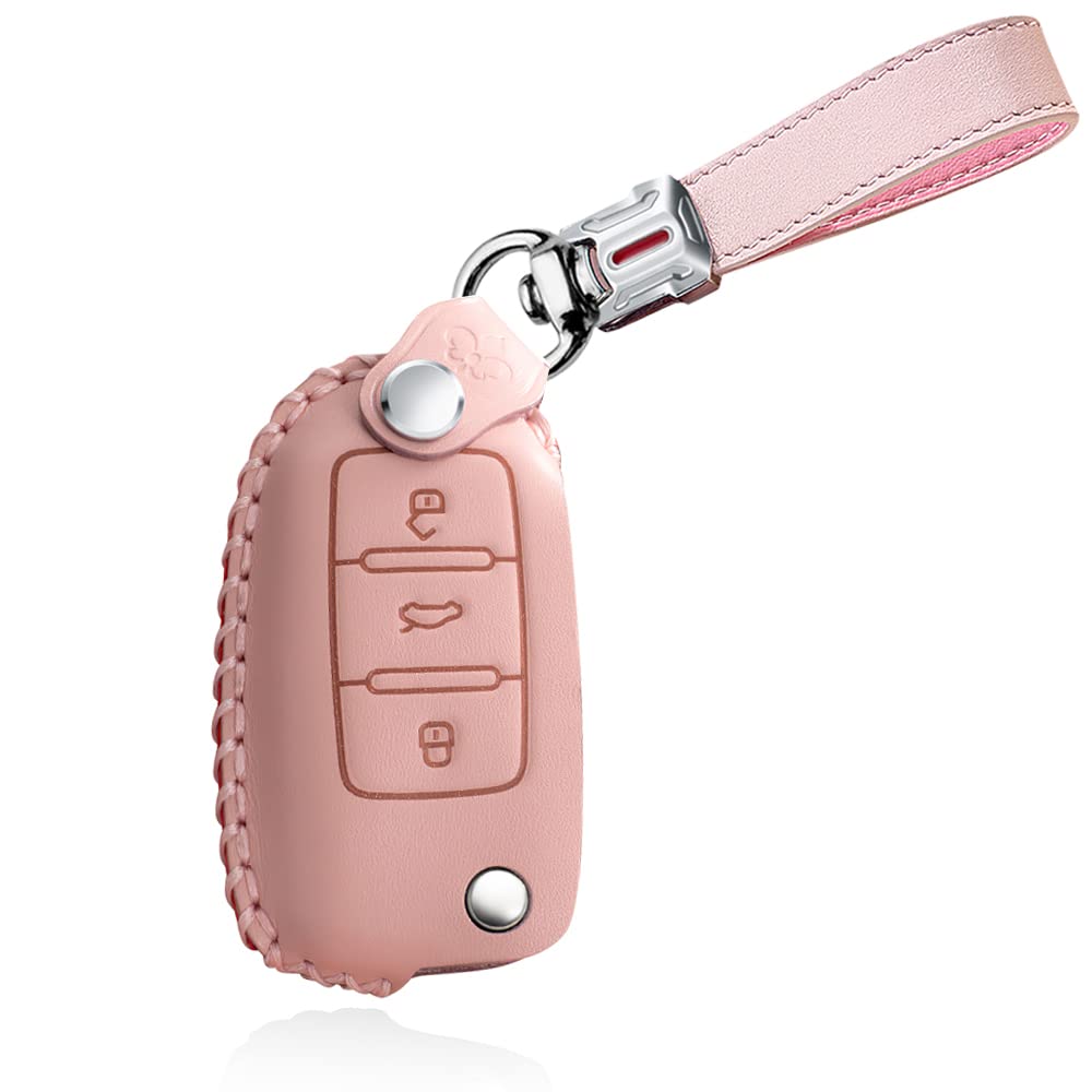 HIBEYO Flip Key Fits Skoda Car Key Case Leather Protective Case for VW Polo Beetle Skoda Superb Octavia Seat Leon 3 Button Remote Key Flip Key Case Key Box Pink