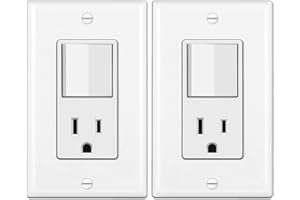 BESTTEN 2 Pack Combination Wall Light Switch and Decor Outlet, Single Pole Rocker Switch, 15A/120V, Decorative Receptacle, 15A/125V, Combo Style, Wallplate Included, Side Wire, UL Listed, White