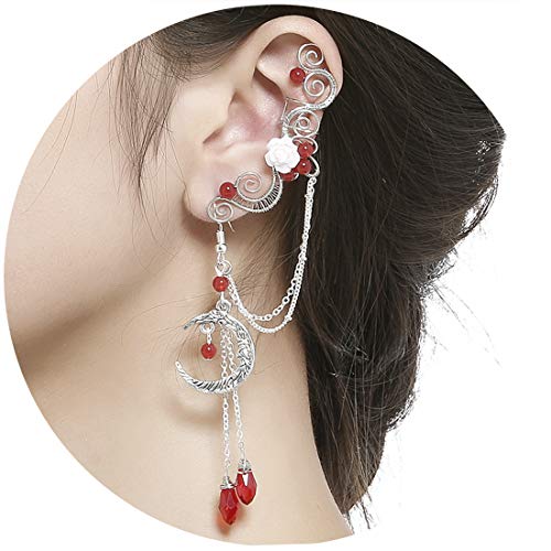 Aifeer Elven Elf Ear Cuffs,Handcraft Pierced Filigree Wrap Earrings Ear Cuffs for Women Bridal Wedding Flower Moon Jewelry Dangle Drop Threader Tassel Chain (Red)