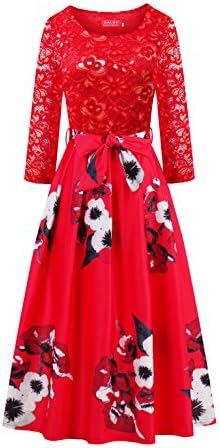 Women's Vintage 1950s 3/4 Sleeve Lace Floral Printed Cocktail Evening Dress (M, Red-2)