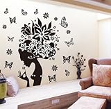 DGI MART Girl Black Flowers Butterflies Design Removeable Wall Decor Decals Wall Decorative Stickers Great for Biology Classroom Handicraft Lessons Classroom Children Playroom Wall Decorations
