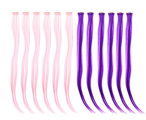 SWACC 12 Pcs Multi-Colors Party Highlights Clip on in Hair Extensions Colored Hair Streak Synthetic Hairpieces (22-Inch Straight, 6 Pcs Light Pink + 6 Pcs Purple)
