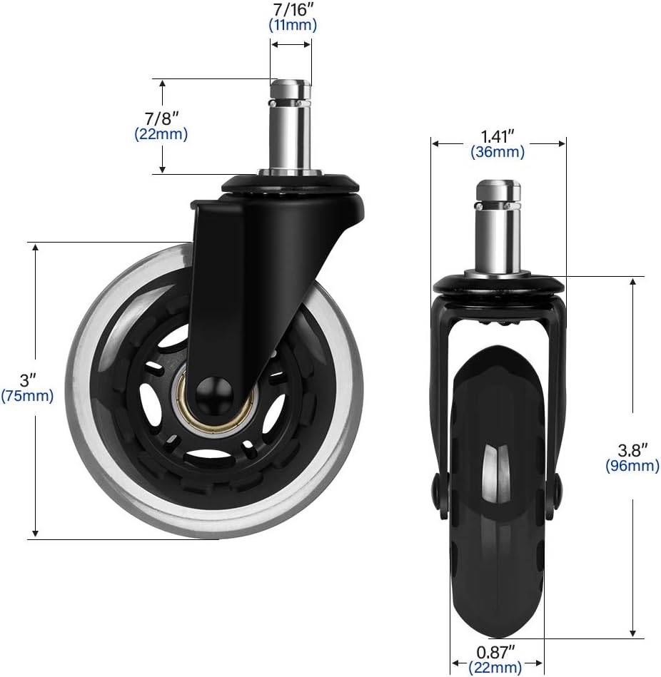Office Chair Caster Wheels, 3”Heavy Duty Office Chair Wheels Replacement for Hardwood Floor, Smooth&Silent Chair Wheels 7/16”X 7/8”, Universal Fit for Herman Miller Office, Game, Desk Chairs : Office Products