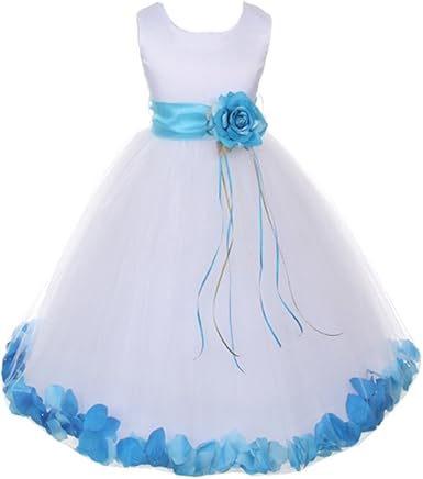 flower girl dress with flower petals in the skirt