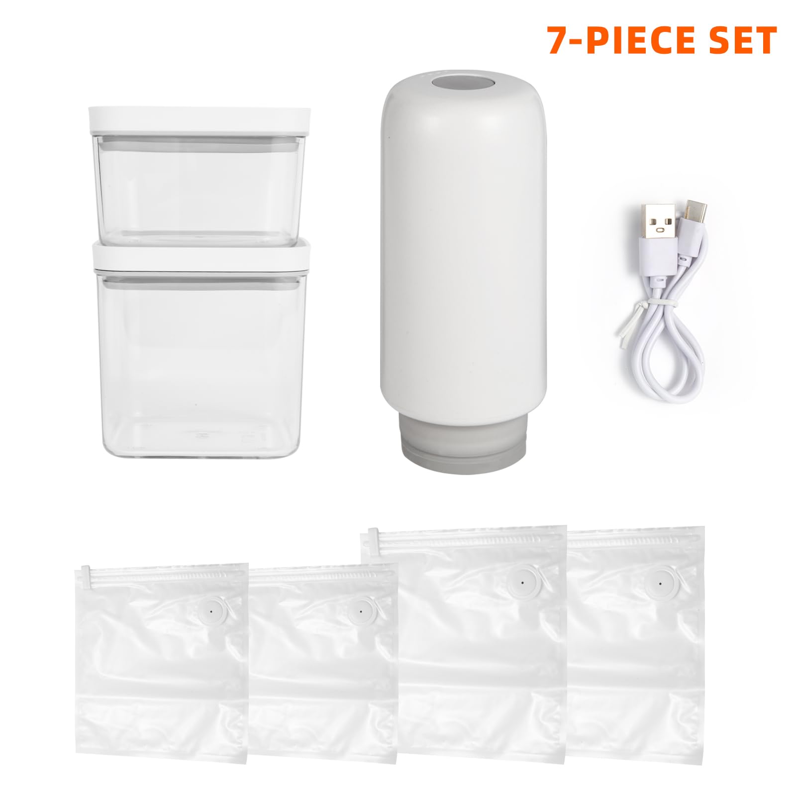 2025 New Handheld Vacuum Sealer for Food storage, Sous Vide and Meal Prep. 1 vacuum machine 2 compact containers and 4 reusable bags, 7-piece Set. Extending freshness up to 5 times longer