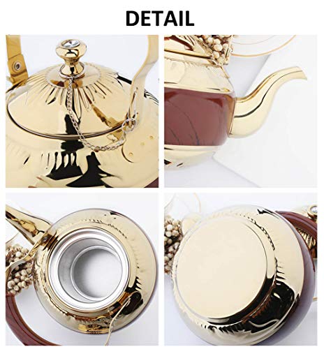 OMGard Gold Tea Pot with Infuser Loose Tea Leaf 2 Liter Stainless Steel Teapot Coffee Water Small Kettle Filter Set Warmer Teakettle for Stovetop Induction Stove Top 2.1 Quart / 68 Ounce - Thumbnail 2