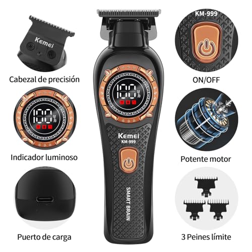 KEMEI 999 Professional Hair Clippers for Men, Cordless Electric Beard Trimmer for Men, New DLC Zero Gapped T-Blade Hair Trimmer with LED Display and 3 Guide Combs (Black)