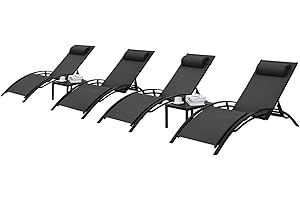 AthLike 3 pcs Poolchairs Patio Chaise Lounge Set with Headrest, 5-Level Adjustable Sunbathing Tanning Poolside Recliner Chairs with Side Table for Outdoor Beach (Black, 4 Chairs and 2 Tables)