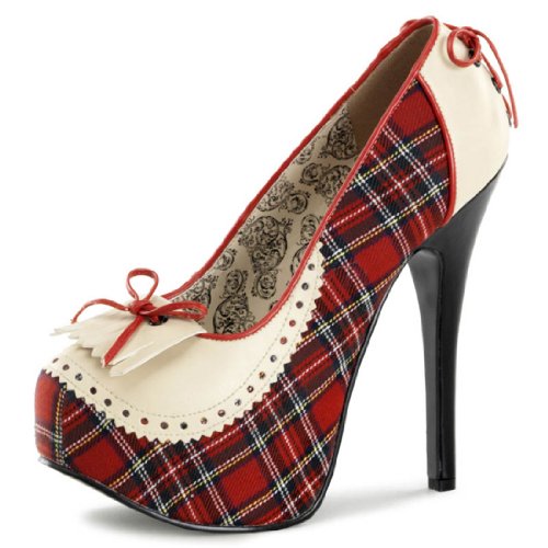 Summitfashions Cream and Red Plaid Penny Loafer Style Platform Pumps with 5.75 Inch Heels Size: 8