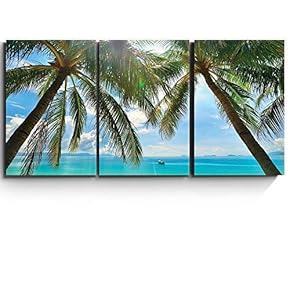3 Piece Canvas Print - Contemporary Art, Modern Wall Art - Tropical Beach Palm Trees Paradise - Giclee Artwork - Gallery Wrapped Wood Stretcher Bars 16"x24" x 3 Panels