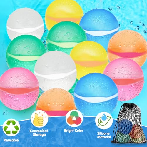 24PCS Reusable Water Balloons for Kids,Magnetic Refillable Latex-Free Silicone Water Bomb with Mesh Bag,Swimming Pool Toys Beach Summer Party Supplies Bath Toy Outdoor Idea Gift for Kids