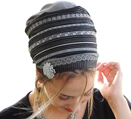 Sara Attali Design Tichel Head Scarf Full Hair Covering Shiny Stripes Sinar One Size Black &amp; Silver