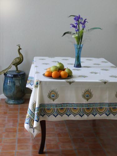 Saffron Marigold Dance O Peacock ~ Ivory Peacock Feather Print Elegant Tablecloth 70x108