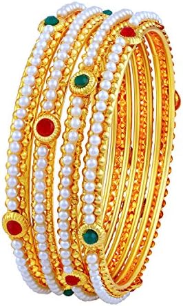Asmitta Astonish Traditional Gold Plated Red & Green Stone Bangle Set for Women