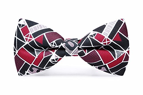 Solatin Mens Pre-Tied Satin Bowtie Adjustable Length Solid Color Patterned bow tie (A12 Red Geometry) - Thumbnail 3