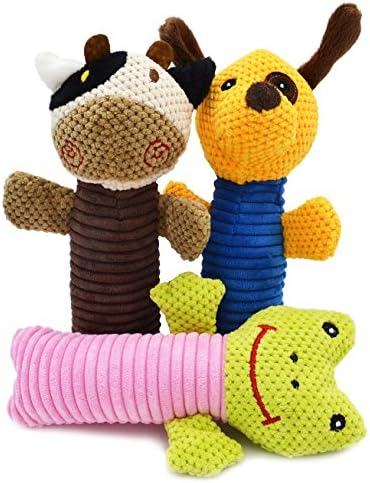 3 Pack Dog Chew Toys - Durable Corduroy Fabric Dog Squeaky Chewing Toys - Dental Teeth Cleaning Training Playing for Small Medium Large Dogs-Cute Animal Puppy Calf Frog