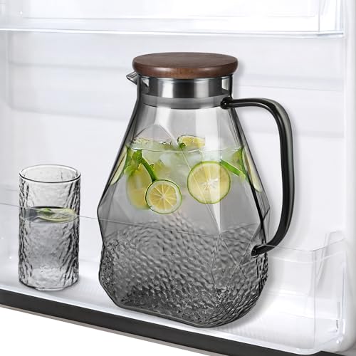 ecooe Glass Water Pitcher 1.8 Liter Glass Jug Fridge Door Glass Water Jug with Wooden Lid, Black Glass Jug for Cold/Hot Water, Juice, Milk, Coffee, Tea