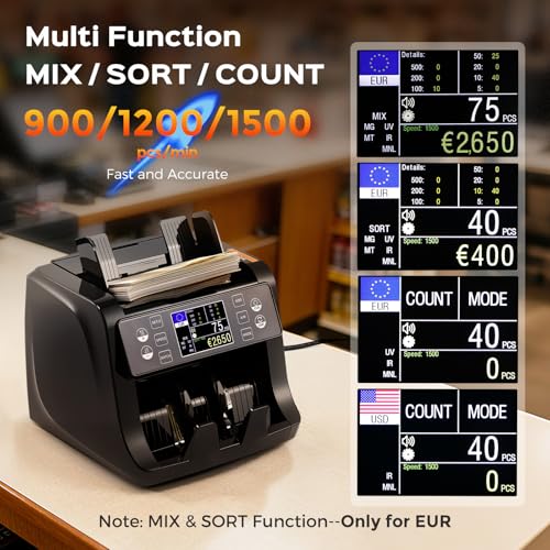 Bonvoisin Banknote Counter, Value Count for Mixed Euro Banknotes with UV/MG/IR/MT Counterfeit Detection, 1500 Pieces/Min, Professional Money Counter Machine with TFT and External Display