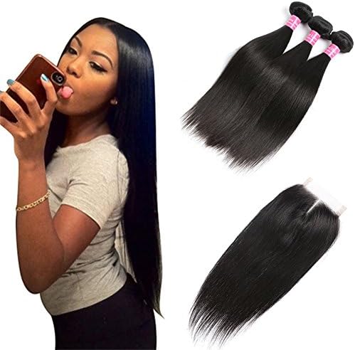Brazilian Straight Hair With Closure 100% Unprocessed Virgin Human Hair 3 Bundles With Lace Closure Middle Part Hair Extensions (12 14 16 + Closure 10)