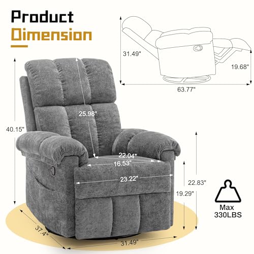 Korser Recliner Chair, Swivel Rocker Recliner Chair for Adults, Small Recliners for Small Spaces, Upholstered Manual Recliner with Side Pockets, Nursery Rocking Chair for Living Room, Chenille, Grey