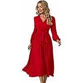Plustrong Womens Wrap V Neck Flowy Maxi Dress Long Sleeve Pleated Cocktail Wedding Guest Dress