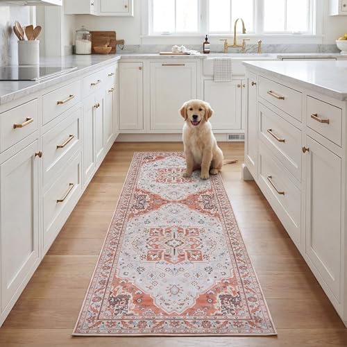 SAFAVIEH Washable Rug Tucson Collection - 2'6" x 8' Runner, Rust & Ivory, Slip…