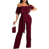 YouSexy Off Shoulder Jumpsuit for Women High Waist Wide Leg Long Pants Belted Romper Jumpsuits