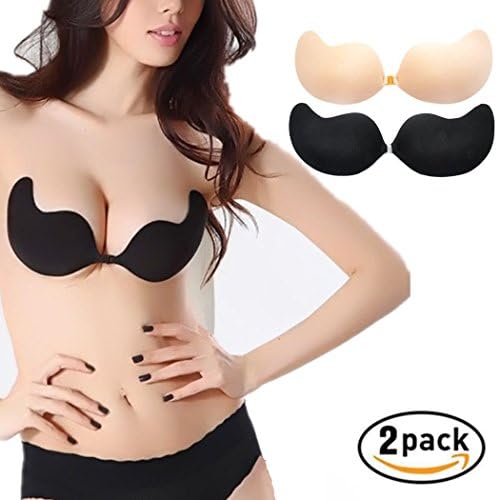 LOKMN Sexy Women Invisible Push Up Bra Self-Adhesive Silicone Bust Front Closure Sticky Bra Backless Strapless Bra (Size B, Black Nude)