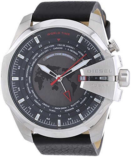 Diesel Mega Chief GMT World Dial Black Leather Mens Watch DZ4320