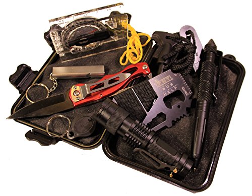 Emergency Survival Outdoor Tool Kit by REDWOOD for Camping, Hiking, Traveling | Professional Compass, CREE Q5 Flashlight, Tactical Pen, 15 in 1 Saber Card, Fire Starter and more | Makes a Great Gift