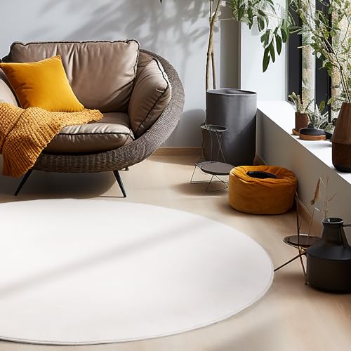 HomebyHome Waschbarer Teppich Rund 200 cm Creme Einfarbig Kurzflor Modern Weich rutschfest Pflegeleicht Maschinenwaschbar für Wohnzimmer Schlafzimmer