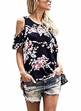 Annflat Women's Summer Cut Out Shoulder Flower Print Ruffled Sleeves Loose Blouse and Tops Large Black