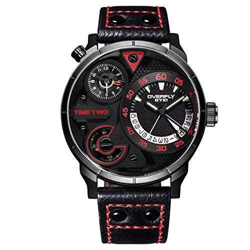 Men's Watch Sport Dress Big Face Dual Time Zone Leather Men Watches Quartz Waterproof Three Dials