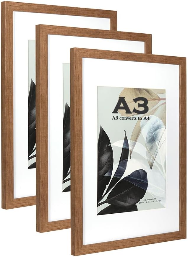 Scholar Tree Brown Wooden Picture Frame A3 with Mat Set of 3 Mount for A4 Wall