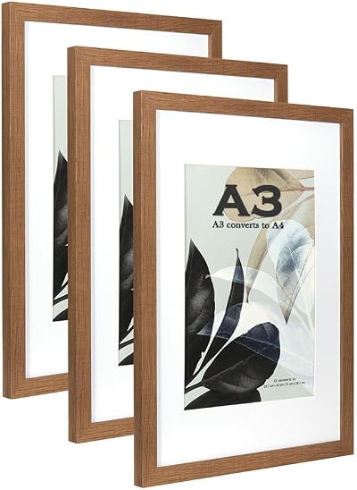 Scholar Tree Brown Wooden Picture Frame A3 with Mat Set of 3 Mount for A4 Wall