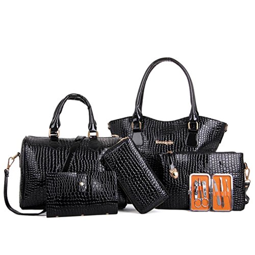 AutumnFall Womens 6 Pcs Shoulder Bags Top-Handle Handbag Tote Purse Set (Black)
