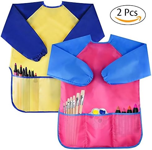 Kids Waterproof Artist Painting Aprons Long Sleeve with 3 Pockets,Children Art Smocks for Age 2-7 Years-Pack of 2