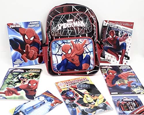 School workstation set, includes Spiderman backpack, jumbo 5 coloring 96 page book, crayons, and flashlight with pen.
