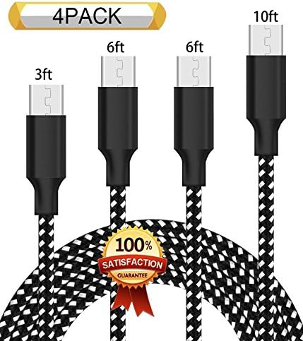 XIANDAN Micro USB Cable,4Pack 3FT 6FT 6FT 10FT Nylon Braided Android Charger USB to Micro USB Charging Charger Cord for Samsung Galaxy S7 Edge/S7/S6/S4/S3,Note 5/4/3 (BLack&amp;White)