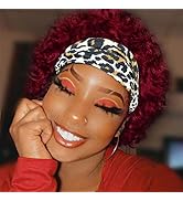 Rofa Short Pixie Curly Headband Wig Human Hair for Women 99J Red Color Short Human Hair Headband ...