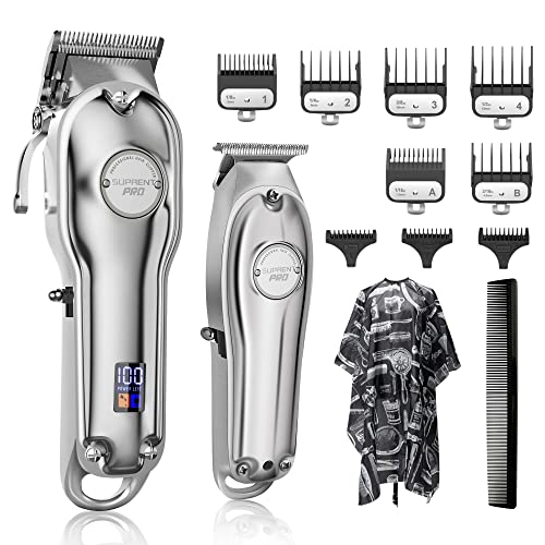 SUPRENT Professional Hair Clipper for Men-Zero Gap T-Blade Hair Cutting Kit Cordless Barber Trimmer Set with LED Display (Silver)