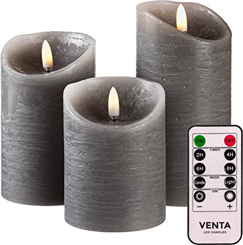 Venta Set of 3 Realistic Flameless Grey LED Candles with Remote Control - 4'' 5'' 6'' Electric Wickless Pillar Battery Operated Candles with Flickering Flame Timer - Thumbnail 6