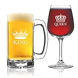 King Beer Queen Wine Glass (Set of 2) - Couples Newlyweds Wedding Gift - His and Hers Drinkware - Mr and Mrs - Couple Glassware - Funny Fancy Wine Mug Glasses - Cool Royalty Novelty Drinking Cups ()