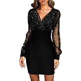 CHICME Women's Glitter Party Dress V-Neck Mesh Sheer Lantern Sleeve Mini Dresses Zipper Back Slim Fit Evening Dress