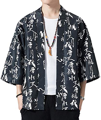 Hotmiss Men's Kimono Cardigan Jacket Japanese Style Flying Crane Seven Sleeves Open Front Coat (Pure Black, X-Large)