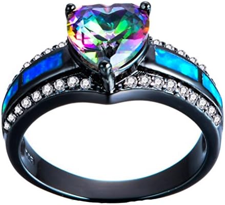 JBL Women Bohemian Blue Fire Opal Heart Rainbow Black Gold Filled Vintage Wedding Ring