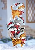 Veritical Stacked Kitty Cats Whimsical Cute Festive Metal Cat Wearing Santa Hats Christmas Outdoor Yard Decoration