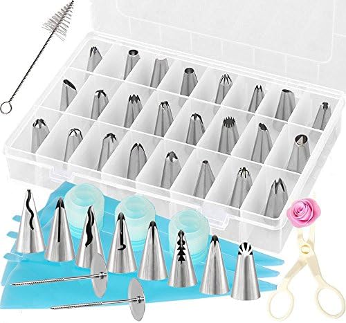 42 Pcs Cake Decorating Tips kit with 32 Stainless Steel Icing Tips Set 3 Silicone Pastry Bags 3 Reusable Couplers 1 Flower Lifter 2 Flower Nails 1 Cleaning Brush for Cakes Cupcakes Cookies Pastry