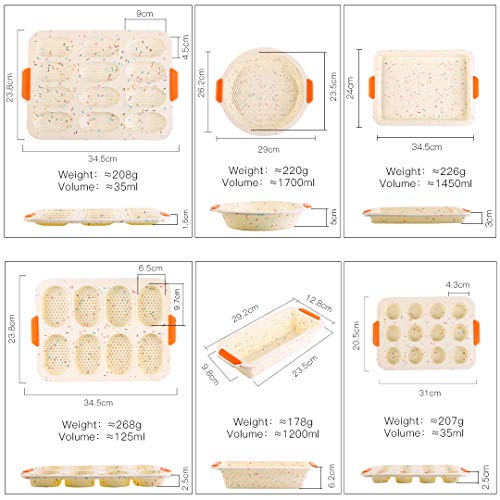 Meichu Non-stick Bake Molds Silicone Bakeware Set of 6, 1 Silicone Muffin Pan 12 Cup, 1 Madeleine Pan 12 cup, 1 Baguette Pan 8 cup, 1 Toast Loaf Pan, 1 Round Cake Pan and 1 Square Cake Pan (Colorful) - Thumbnail 3